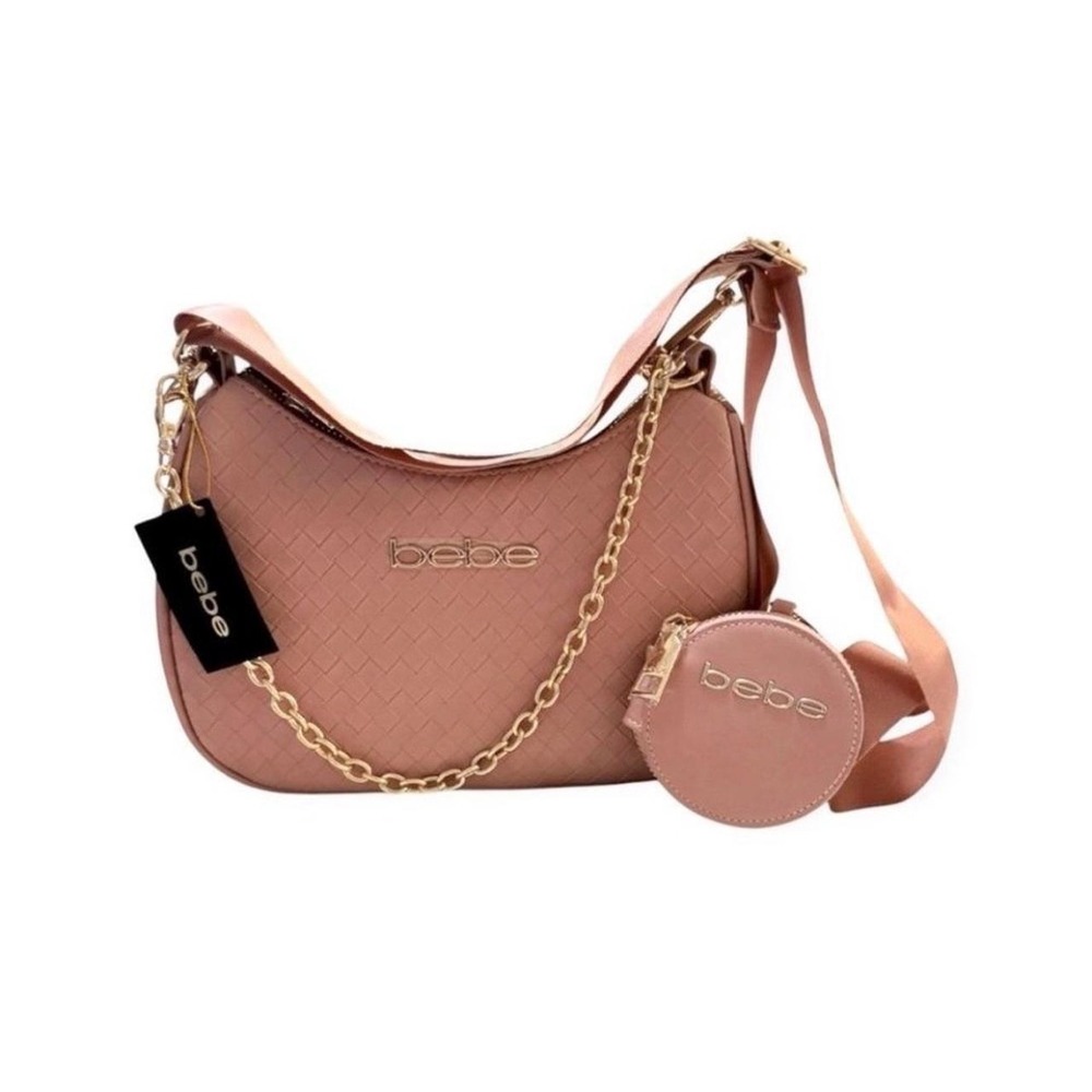 Bebe Woven Crossbody Bag Blush Pink Gold Chain Strap with Coin Pouch NWT